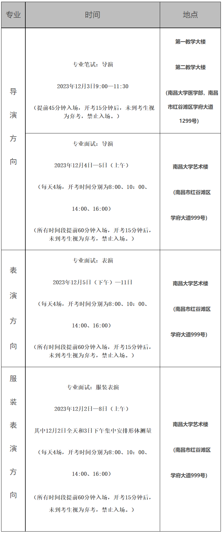 江西2024年表（导）演类专业统考各科目进出场时间